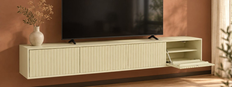 Een beige tv-meubel: hoe je de tv-wand licht houdt afbeelding