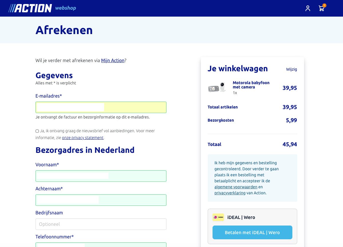 Afrekenproces in de Action webshop met betaalopties