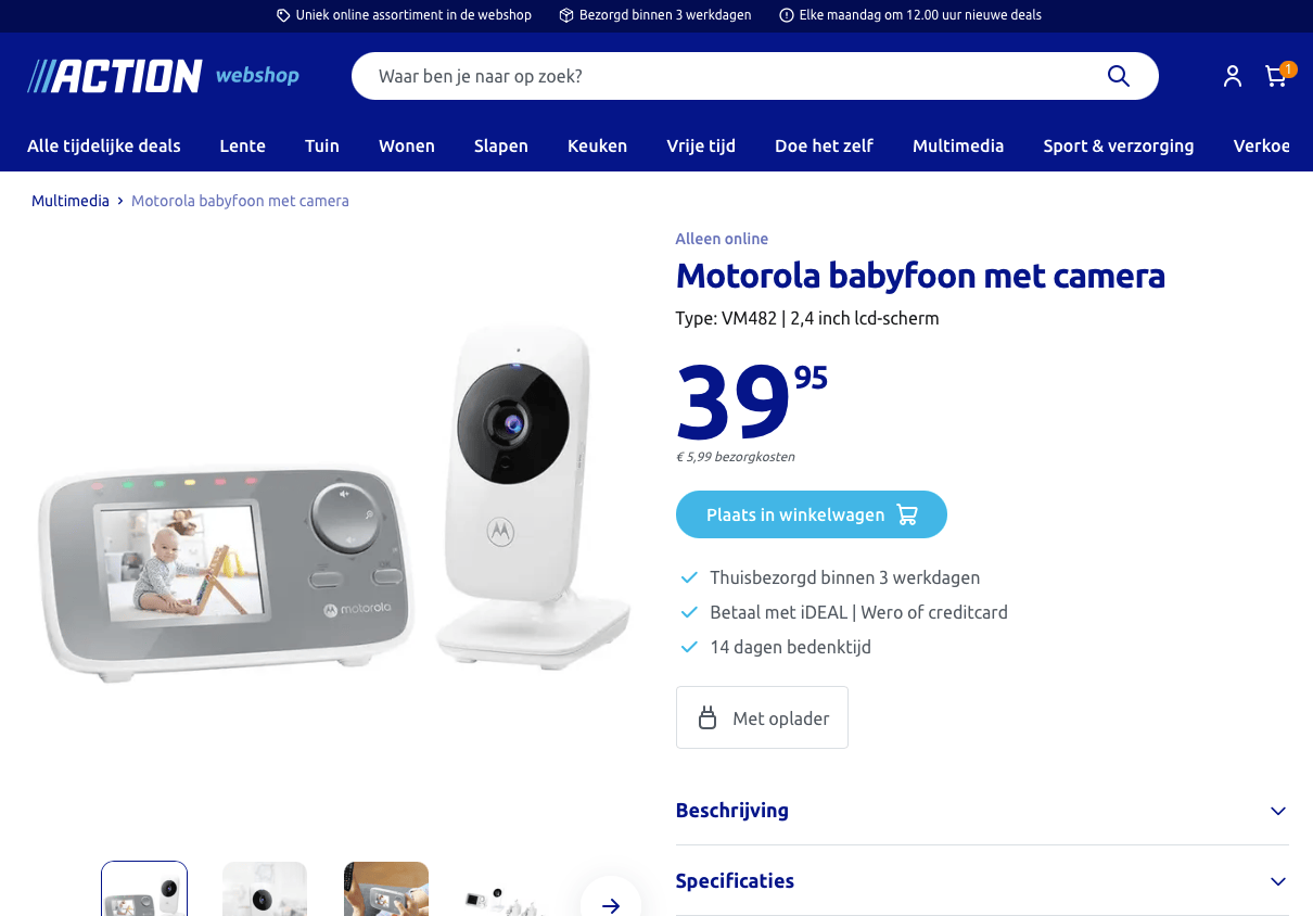 Motorola babyfoon in de Action webshop productpagina