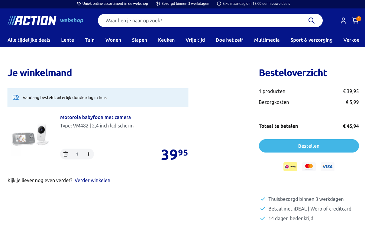 Motorola babyfoon in de winkelwagen van de Action webshop