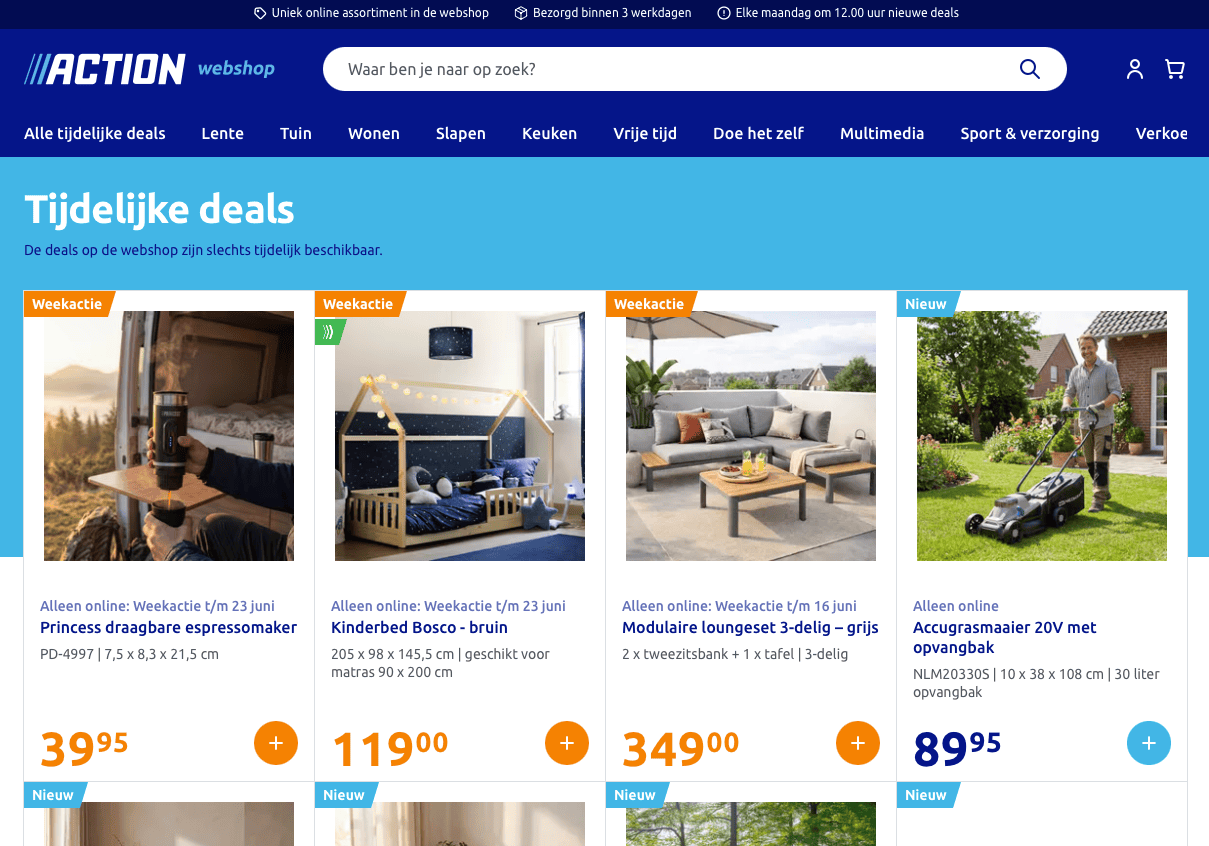 Overzicht van de Action online shop met productcategorieën
