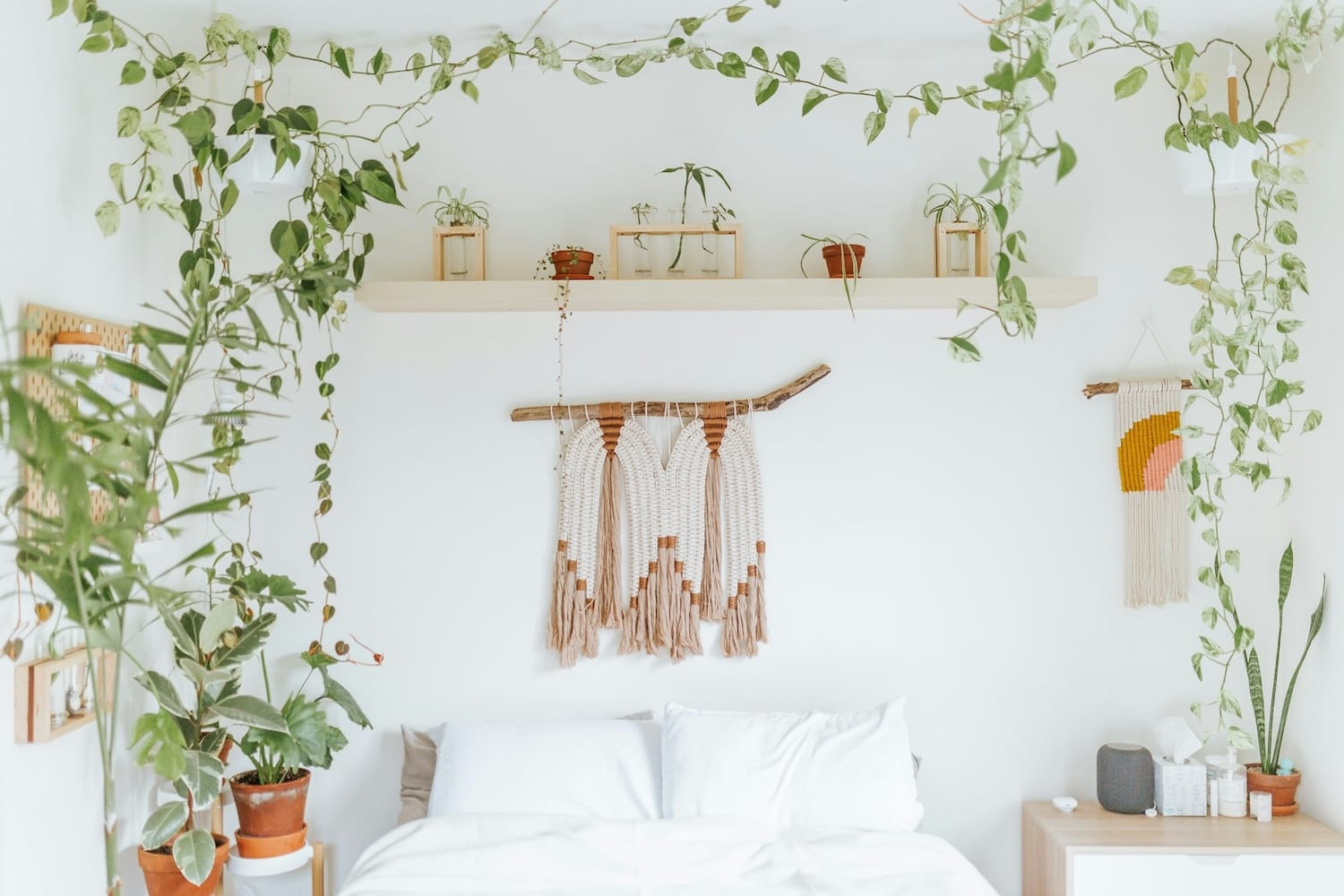 Bohemian interieur met kleurrijke kussens, planten, tapijten en eclectische decoratie