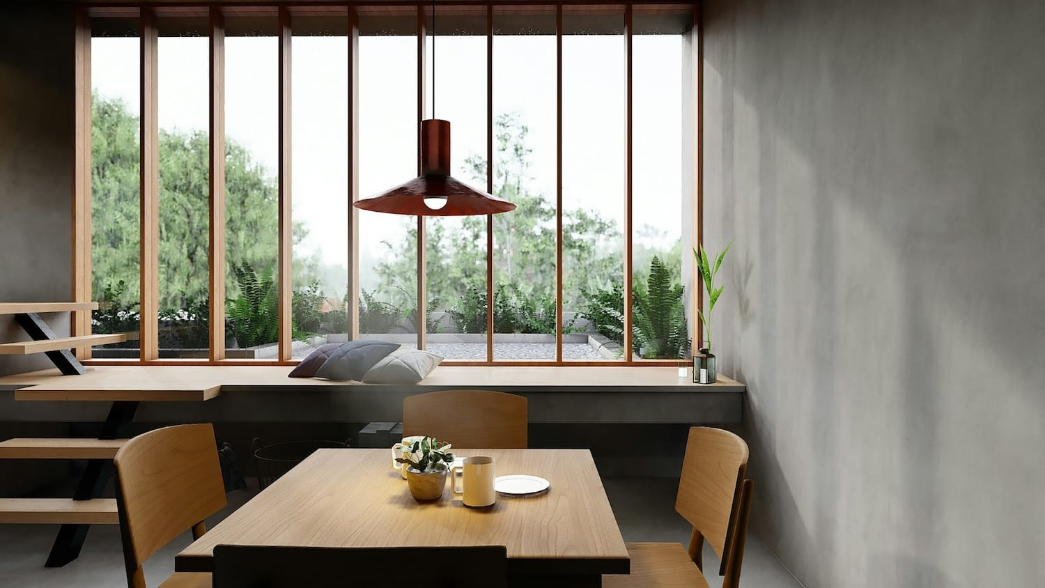 Japandi interieur met lage meubels, naturel hout, strakke lijnen en minimalistische decoratie