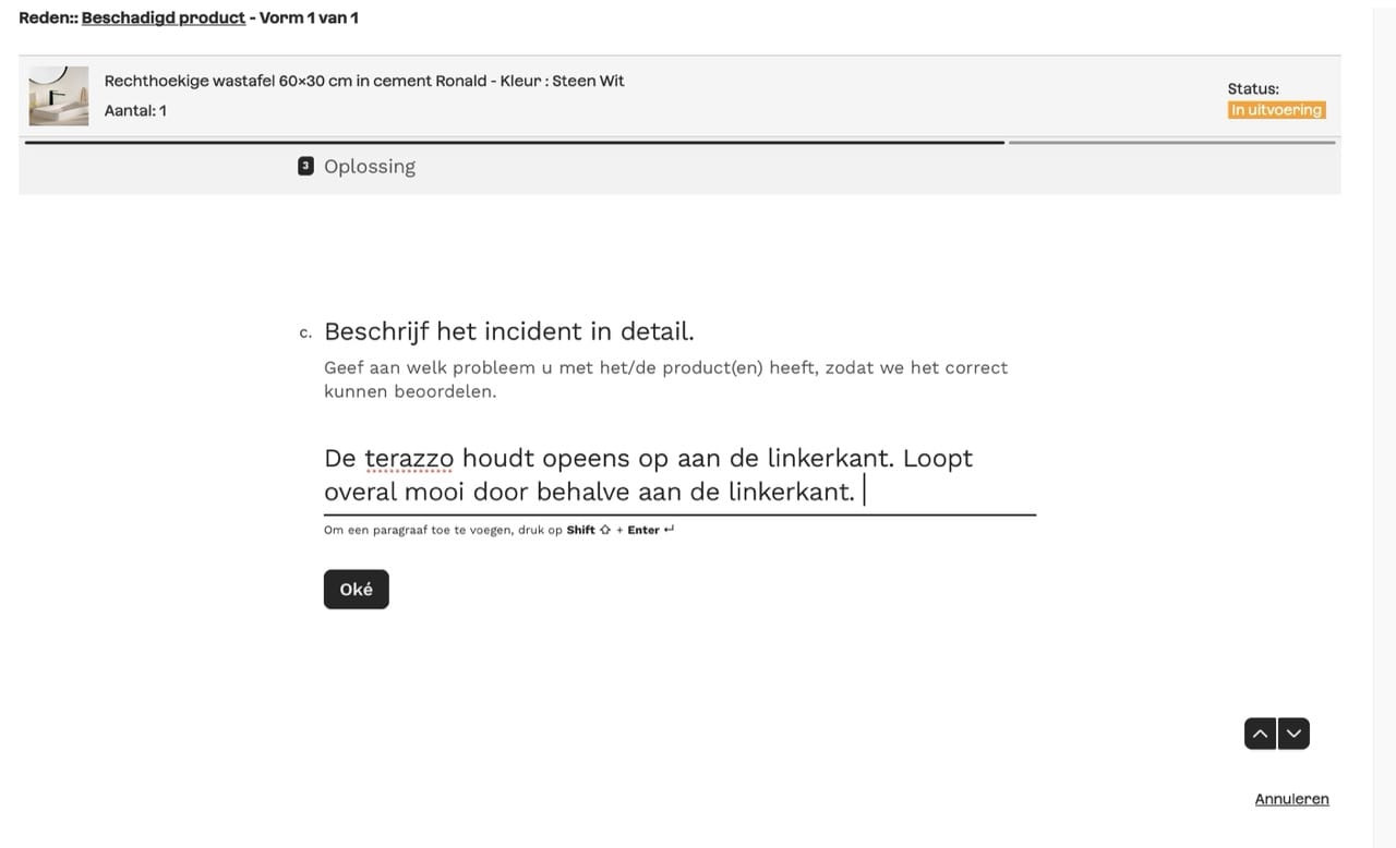 Formulier in het Sklum portaal voor het doorgeven van een fout of klacht aan de klantenservice