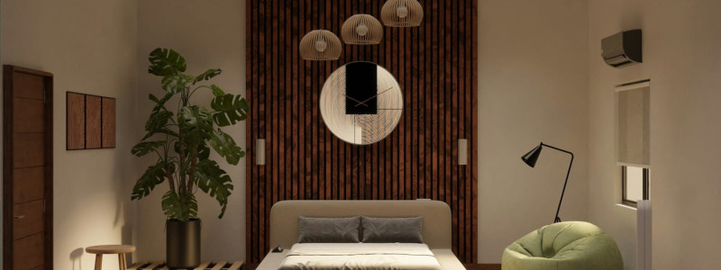 Japandi slaapkamer: soort lamp, behang / muur en meer afbeelding