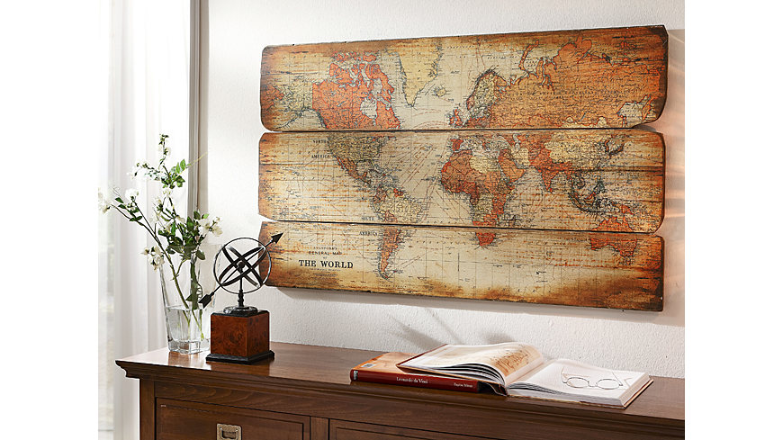 Wandpaneel met wereldkaart art-print: een echte eye-catcher en op elke plaats in huis aan de wand te hangen.