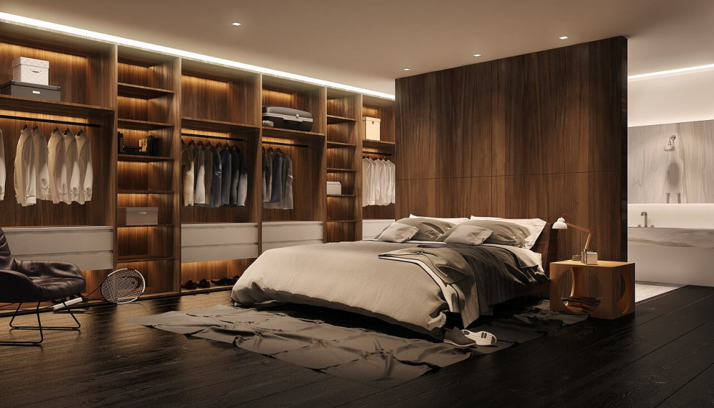 Inspiratie van een slaapkamer met een houten look