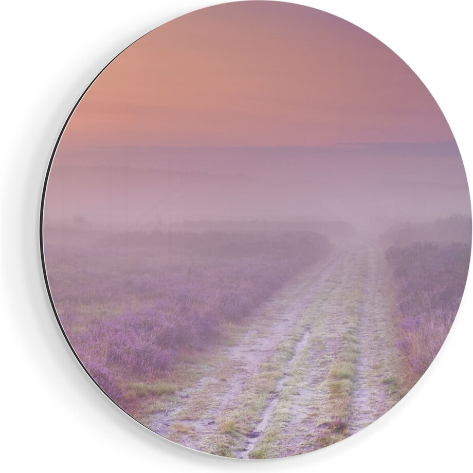Artaza Dibond Muurcirkel Pad in de Weide tijdens de Mist - Ø 40 cm - Klein - Wandcirkel - Rond Schilderij - Voor Binnen en Buiten afbeelding 1