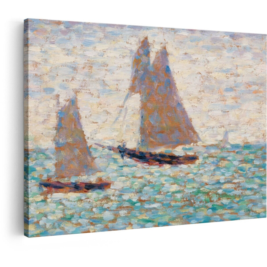 Artaza Canvas Schilderij Impressionistische Zeilboten op een Golvende Zee onder een Bewolkte Hemel - 30x20 cm - Klein - Wanddecoratie Woonkamer - Schilderijen - Muurdecoratie afbeelding 1