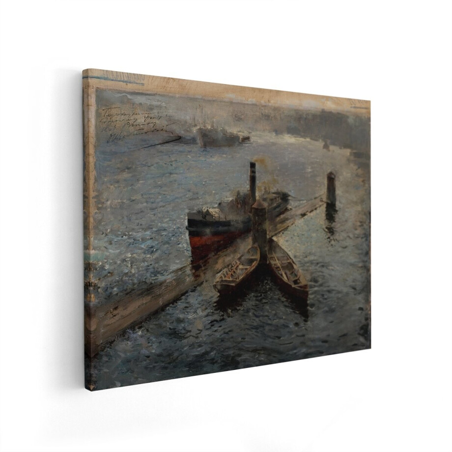 Artaza Canvas Schilderij Schilderij van een Haven met Schepen en Roeiboten - Impressionistische Stijl - 50x40 cm - Wanddecoratie Woonkamer - Schilderijen - Muurdecoratie afbeelding 1