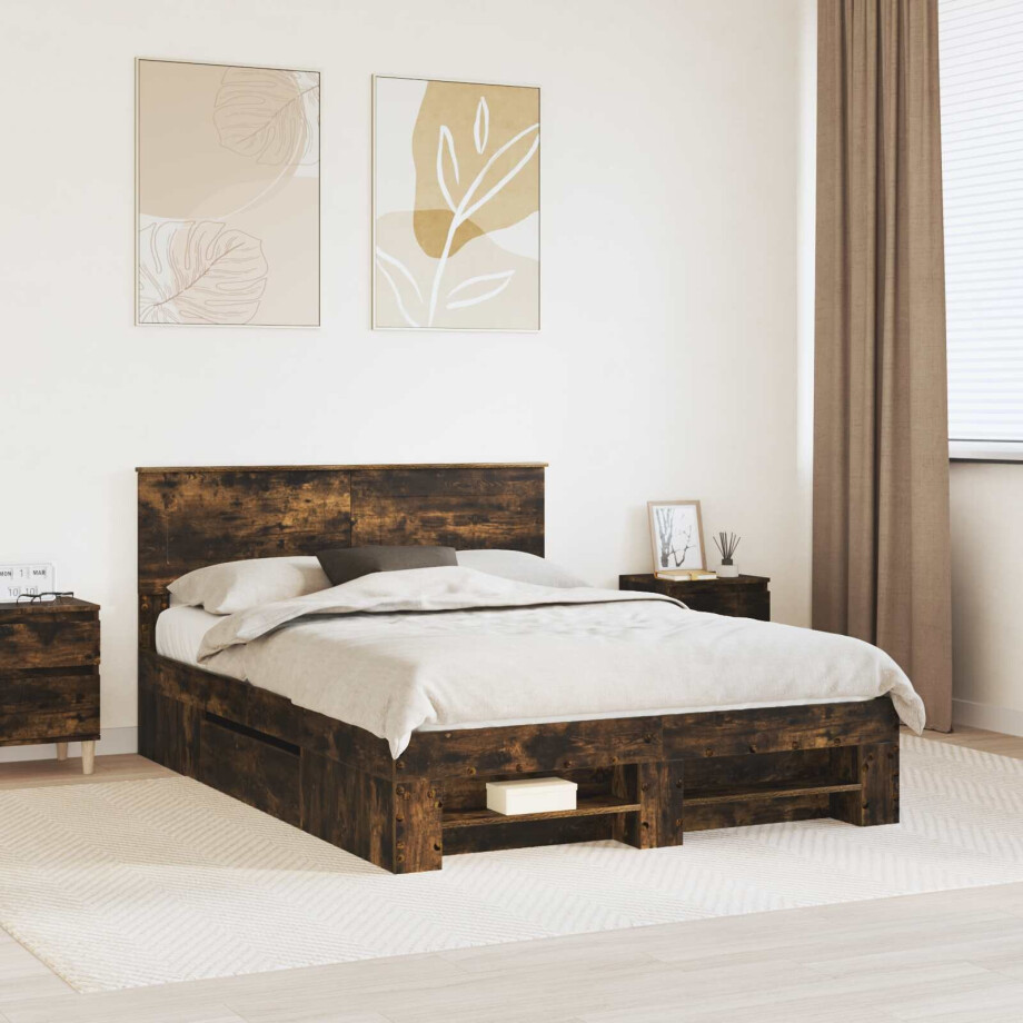 vidaXL Bedframe met hoofdeinde Gerookt eiken 140 x 200 cm Bewerkt hout afbeelding 1