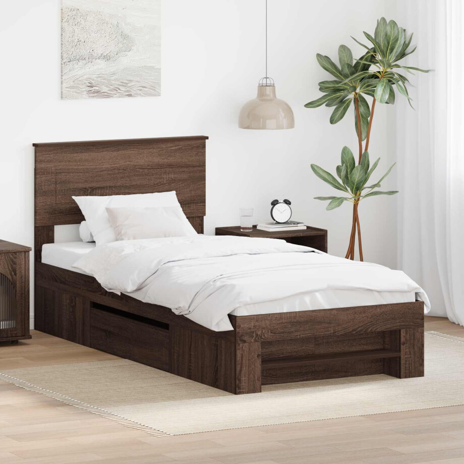 vidaXL Bedframe met hoofdeinde Bruin Eiken 90 x 200 cm Bewerkt hout afbeelding 1