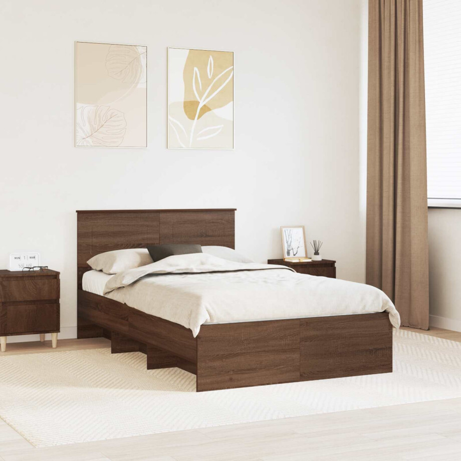 vidaXL Bedframe met hoofdeinde Bruin Eiken 120 x 123 cm Bewerkt hout afbeelding 1