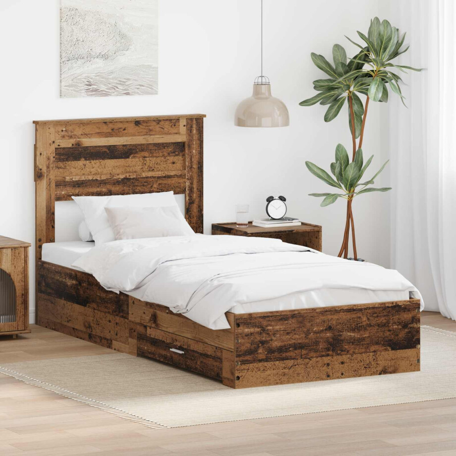 vidaXL Bedframe met hoofdeinde Oudhout 100 x 200 cm Bewerkt hout afbeelding 1