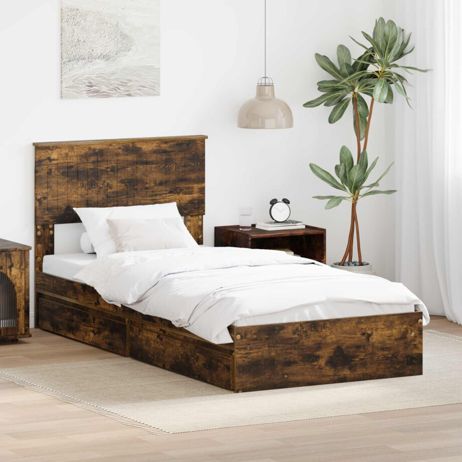 vidaXL Opslag bed met lade Gerookt eiken 90 x 190 cm Bewerkt hout afbeelding 1
