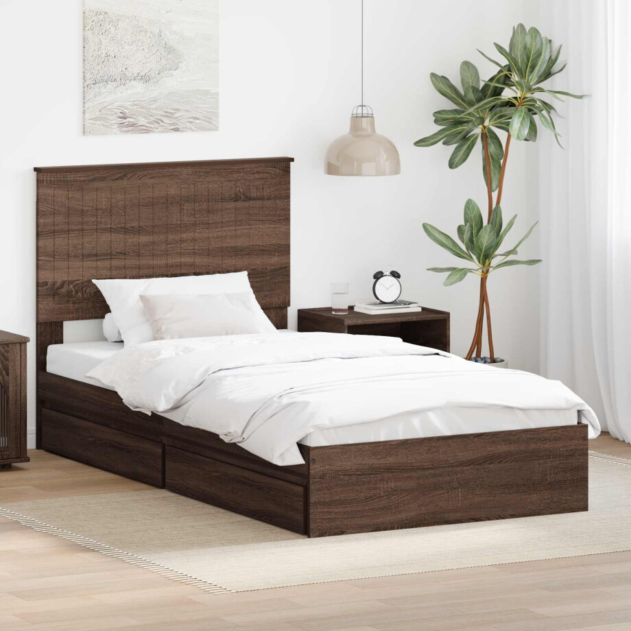 vidaXL Opslag bed met hoofdeinde Bruin Eiken 100 x 200 cm Bewerkt hout afbeelding 1