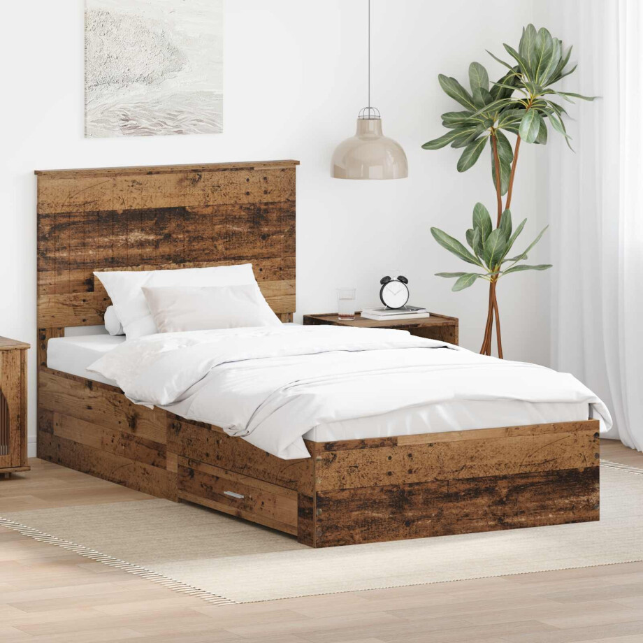 vidaXL Bedframe met hoofdeinde Oudhout 100 x 200 cm Bewerkt hout afbeelding 1
