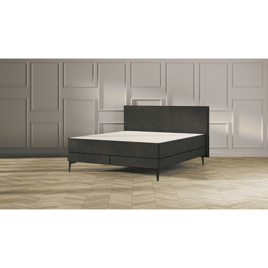 Emma Signature Boxspring Bed 180x200 - Donkergrijs - Effen Hoofdbord - Zwart metaal Pootjes afbeelding 