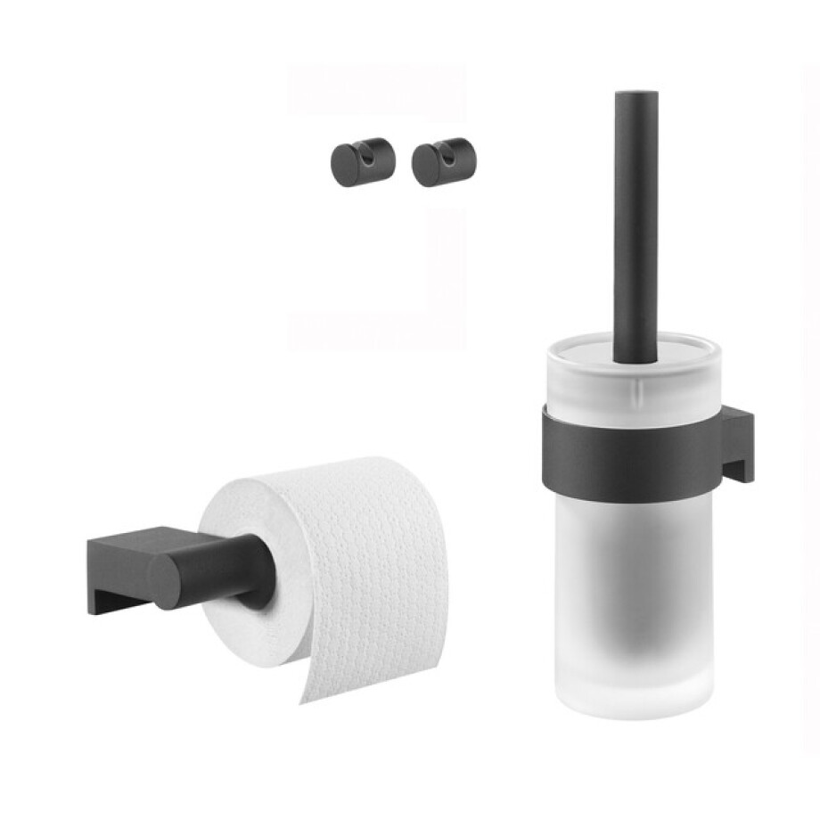 Tiger Bold Toiletaccessoireset Toiletborstel met houder Toiletrolhouder zonder klep Handdoekhaken 2 stuks Zwart 289090701 afbeelding 1