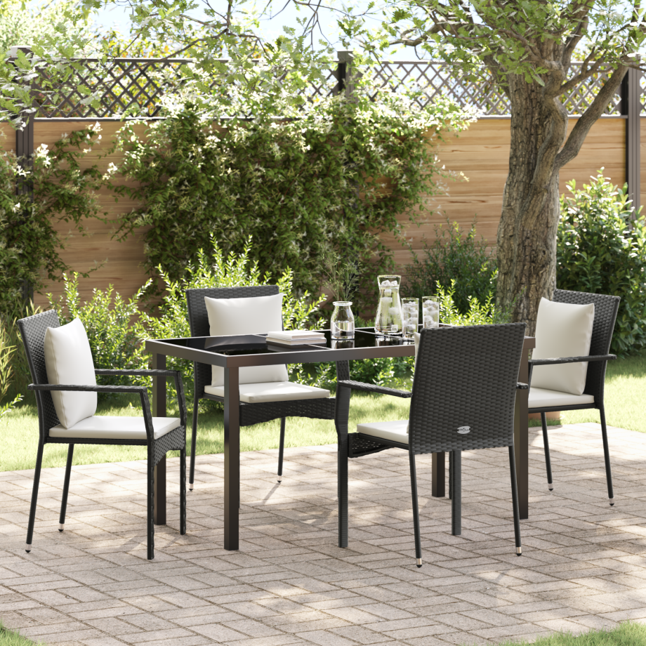 vidaXL 5-delige tuin eettafelset met kussens van zwart poly rattan afbeelding 1