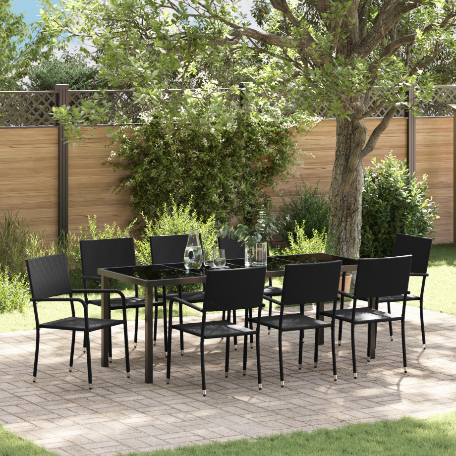 vidaXL 9-delige tuin eettafelset zwart poly rattan afbeelding 1
