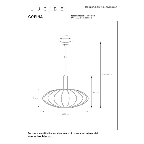 Lucide CORINA - Hanglamp - Ø 50 cm - 1xE27 - Beige afbeelding2 - 1