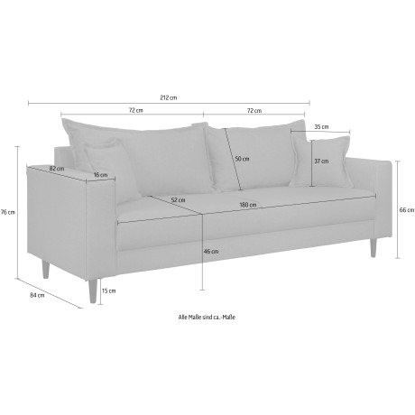 Home affaire 3-zitsbank VEYRAS hoog zitcomfort, incl. 2 sierkussens met bies, b/d/h: 212/84/76 cm afbeelding2 - 1