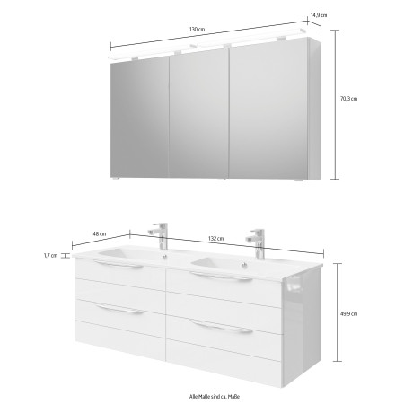 Saphir Badkamerserie Serie 6025 2-delig, mineraalmarmeren wastafel met led-spiegelkast Wastafelmeubel 132 cm breed, 4 laden, 2 spiegeldeuren, incl. deurdemper (2-delig) afbeelding2 - 1