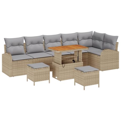 vidaXL 9-delige tuinset met kussens in beige van poly rattan en acacia afbeelding2 - 1