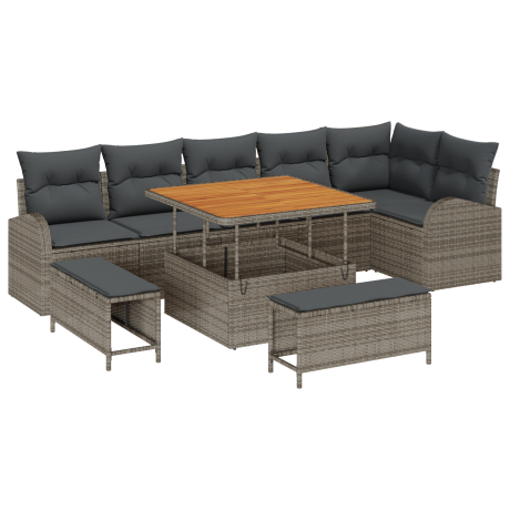 vidaXL 9-delige tuinsofa set met kussens in het grijs van poly rattan en acaciahout afbeelding2 - 1