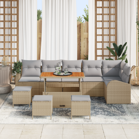 vidaXL 10-delige Tuin Sofa Set met Kussens - Beige Poly Rattan en Acacia afbeelding3 - 1
