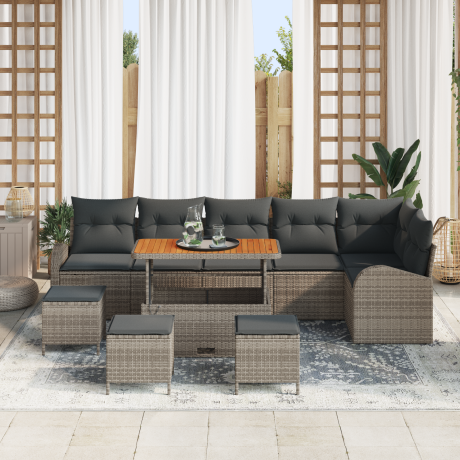 vidaXL 10-delige tuinsofa set met kussens in grijs, van poly rattan en acacia afbeelding3 - 1