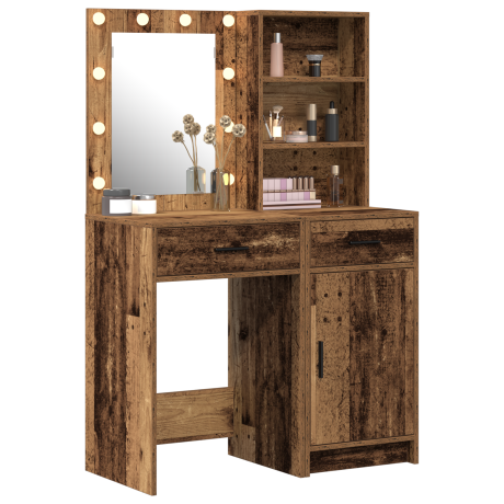 vidaXL 2-delige make-uptafelset met LED - Oude hout afbeelding3 - 1