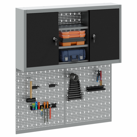 vidaXL 3-delige gereedschapskist en pegboard wandmontage set zwart metaal afbeelding3 - 1