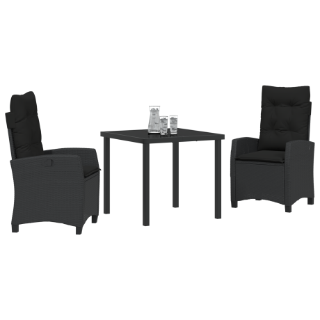 vidaXL 3-delige Tuin Eettafelset met Kussens Zwart Poly Rattan afbeelding3 - 1