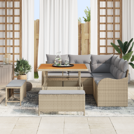 vidaXL 8-delige tuinset met kussens in beige, van poly rattan en acacia afbeelding3 - 1