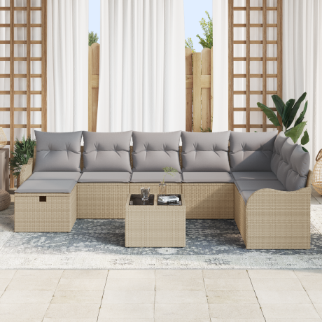 vidaXL 9-delige ligbed set met kussens beige poly rattan afbeelding3 - 1