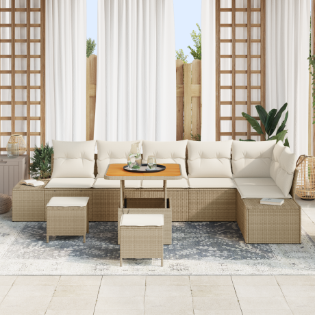 vidaXL 9-delige tuinset met kussen in beige poly rattan en acacia afbeelding3 - 1