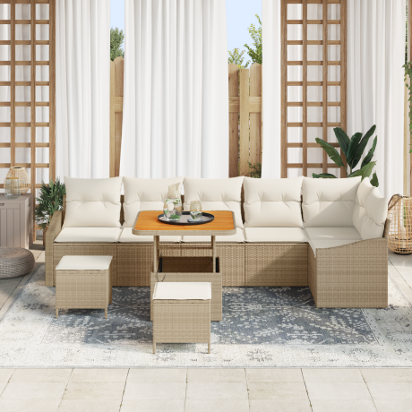 vidaXL 9-delige tuinset met kussens in beige poly rattan en acacia afbeelding3 - 1