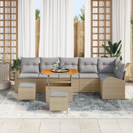 vidaXL 9-delige tuinset met kussens in beige van poly rattan en acacia afbeelding3 - 1
