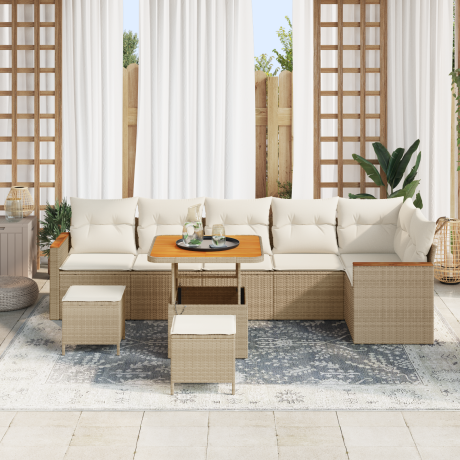 vidaXL 9-delige tuinsofa set met kussens in beige poly rattan en acacia afbeelding3 - 1
