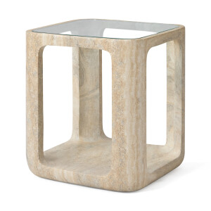 Jesper Home Bijzettafel 'Yobeko' Travertinlook en glas, 48 x 48cm