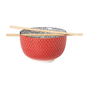 Schaaltje met eetstokjes Amira - rood/zwart - ø15x9 cm