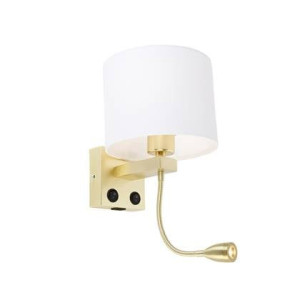 QAZQA Wandlamp goud met USB en kap wit 18 cm - Brescia Combi
