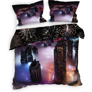 Heckettlane Dekbedovertrek Amira - Bedlinnen met Stad print - 200x220 - Zwart - Dekbedhoes van 100% Katoen-Twill