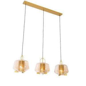 QAZQA Hanglamp goud met amber glas 30 cm langwerpig 3-lichts - Kevin