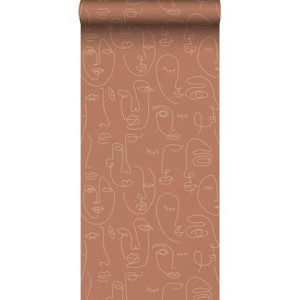ESTAhome behang line art gezichten terracotta - 0,53 x 10,05 m - 13937