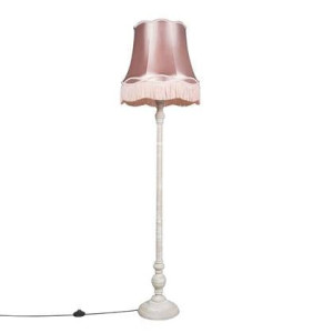 QAZQA Retro vloerlamp grijs met roze Granny kap - Classico