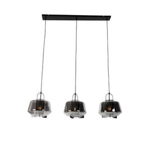 QAZQA Hanglamp zwart met smoke glas 30 cm langwerpig 3-lichts - Kevin