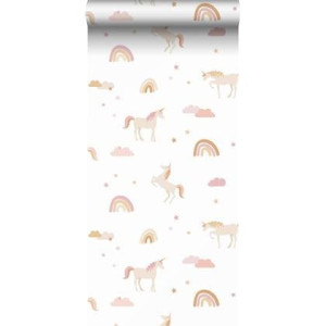 ESTAhome behang unicorns wit, zacht roze en okergeel - 53 cm x 10,05 m